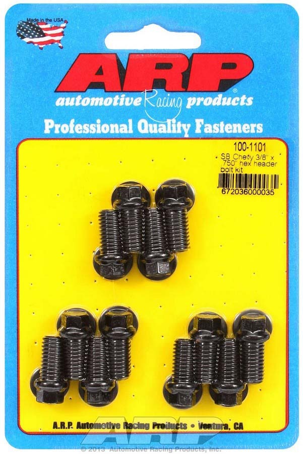Header Bolt - 3/8-16 in Thread - 0.75 in Long - Hex Head - Chromoly - Black Oxide - Small Block Chevy - Set of 12