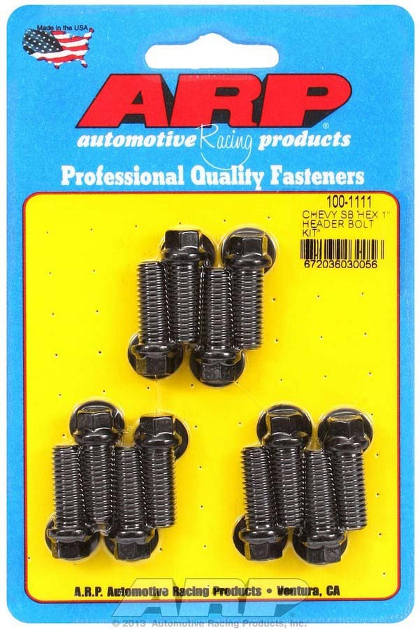 Header Bolt - 3/8-16 in Thread - 1 in Long - Hex Head - Chromoly - Black Oxide - Small Block Chevy - Set of 12