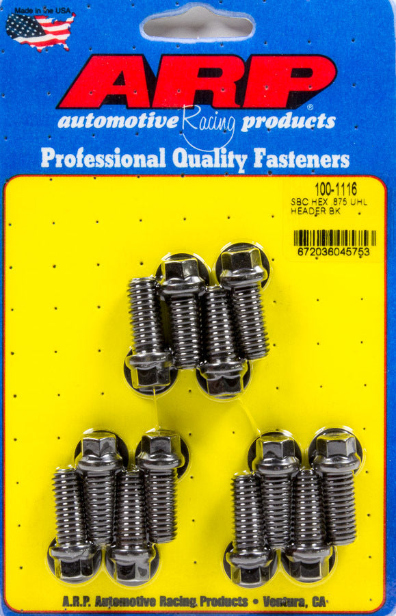 Header Bolt - 3/8-16 in Thread - 0.875 in Long - Hex Head - Chromoly - Black Oxide - Universal - Set of 12