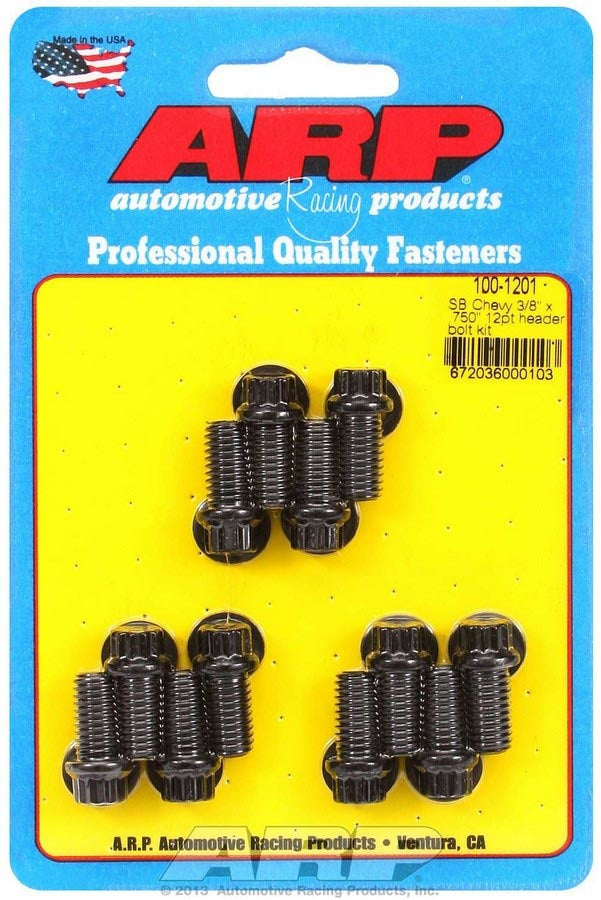 Header Bolt - 3/8-16 in Thread - 0.75 in Long - 12 Point Head - Chromoly - Black Oxide - Small Block Chevy - Set of 12