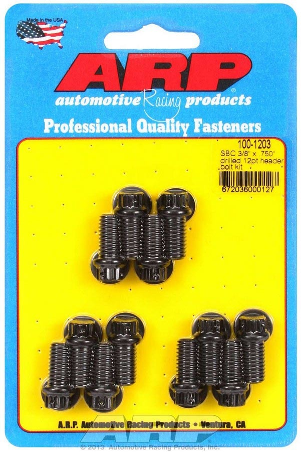 Header Bolt - 3/8-16 in Thread - 0.75 in Long - 12 Point Head - Chromoly - Black Oxide - Drilled - Small Block Chevy - Set of 12