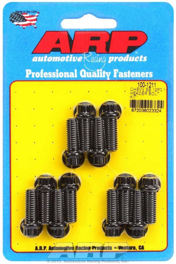 Header Bolt - 3/8-16 in Thread - 1 in Long - 12 Point Head - Chromoly - Black Oxide - Small Block Chevy - Set of 12
