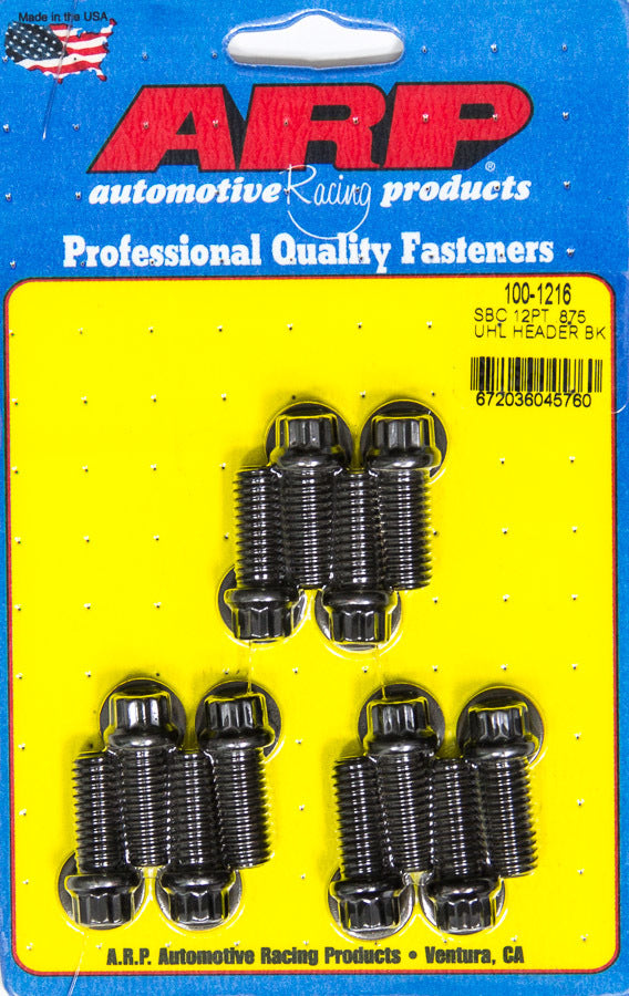 Header Bolt - 3/8-16 in Thread - 0.875 in Long - 12 Point Head - Chromoly - Black Oxide - Universal - Set of 12