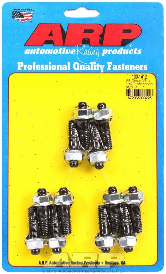 Header Stud - 3/8 in Diameter - 1.67 in Long - Hex Nuts - Chromoly - Black Oxide - Small Block Chevy - Set of 12