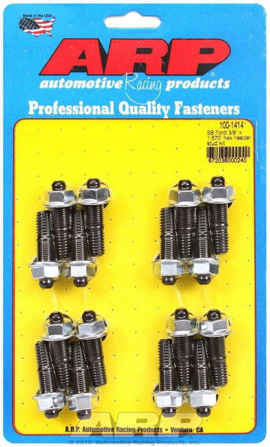 Header Stud - 3/8 in Diameter - 1.67 in Long - Hex Nuts - Chromoly - Black Oxide - Ford - Set of 16