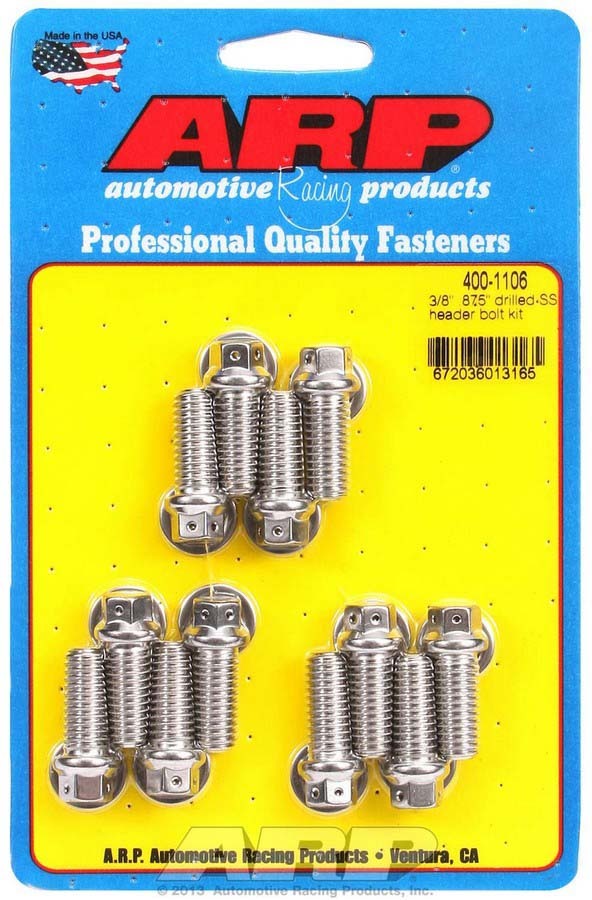 Header Bolt - 3/8-16 in Thread - 0.875 in Long - Hex Head - Stainless - Polished - Drilled - Universal - Set of 12