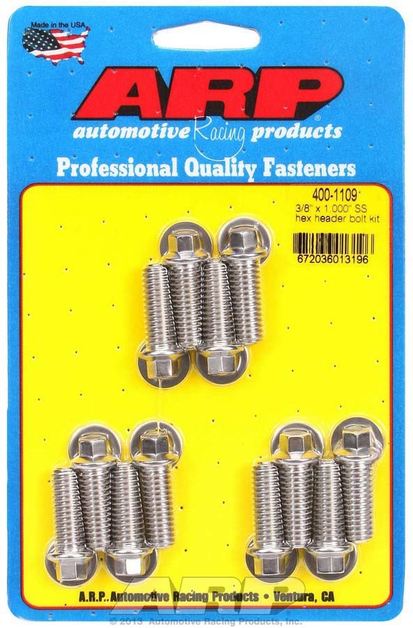 Header Bolt - 3/8-16 in Thread - 1 in Long - Hex Head - Stainless - Polished - Universal - Set of 12
