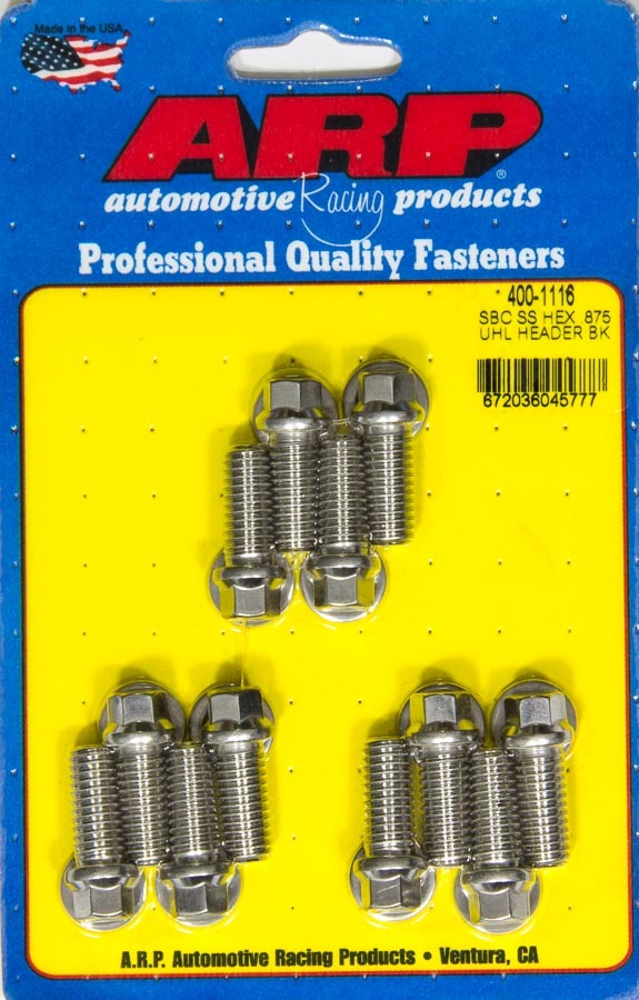 Header Bolt - 3/8-16 in Thread - 0.875 in Long - Hex Head - Stainless - Polished - Universal - Set of 12