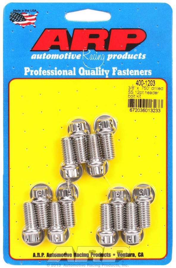 Header Bolt - 3/8-16 in Thread - 0.75 in Long - 12 Point Head - Stainless - Polished - Drilled - Small Block Chevy - Set of 12