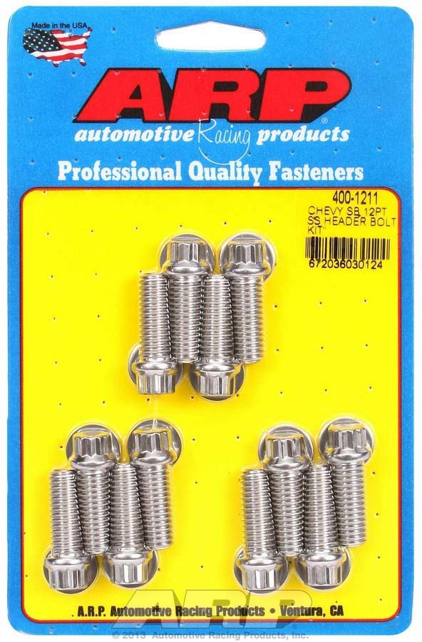 Header Bolt - 3/8-16 in Thread - 1 in Long - 12 Point Head - Stainless - Polished - Small Block Chevy - Set of 12
