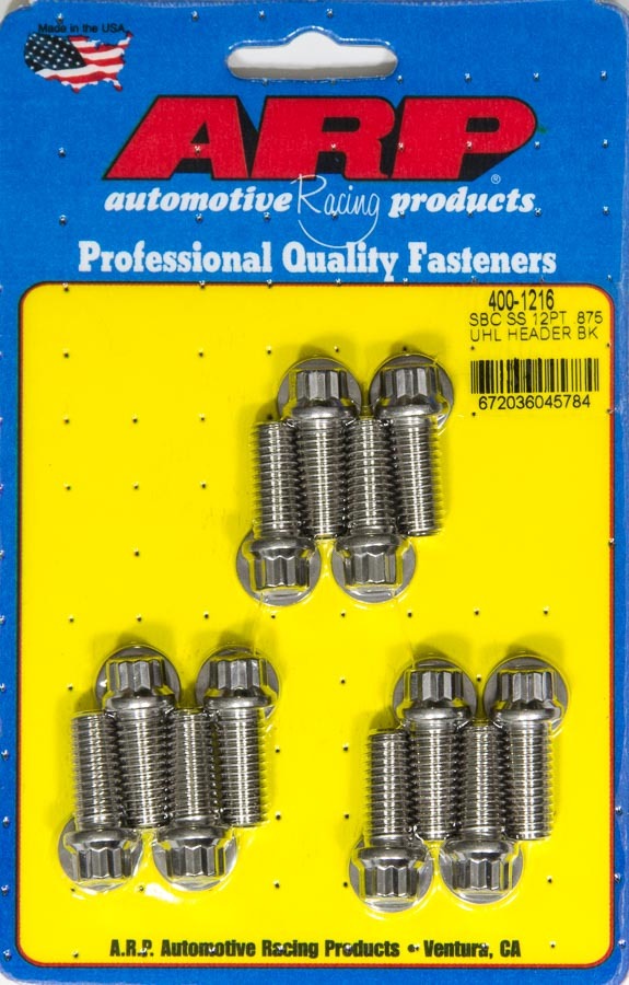 Header Bolt - 3/8-16 in Thread - 0.875 in Long - 12 Point Head - Stainless - Polished - Universal - Set of 12