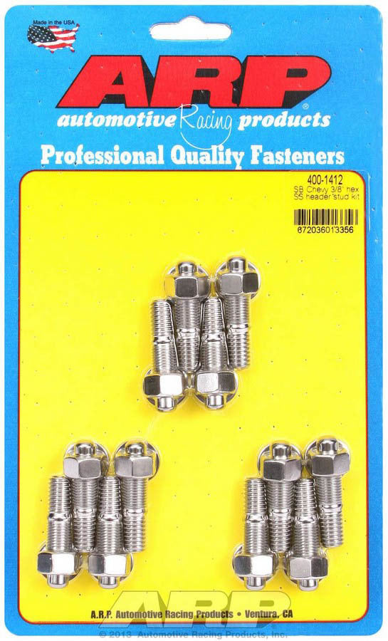 Header Stud - 3/8 in Diameter - 1.67 in Long - Hex Nuts - Stainless - Polished - Small Block Chevy - Set of 12