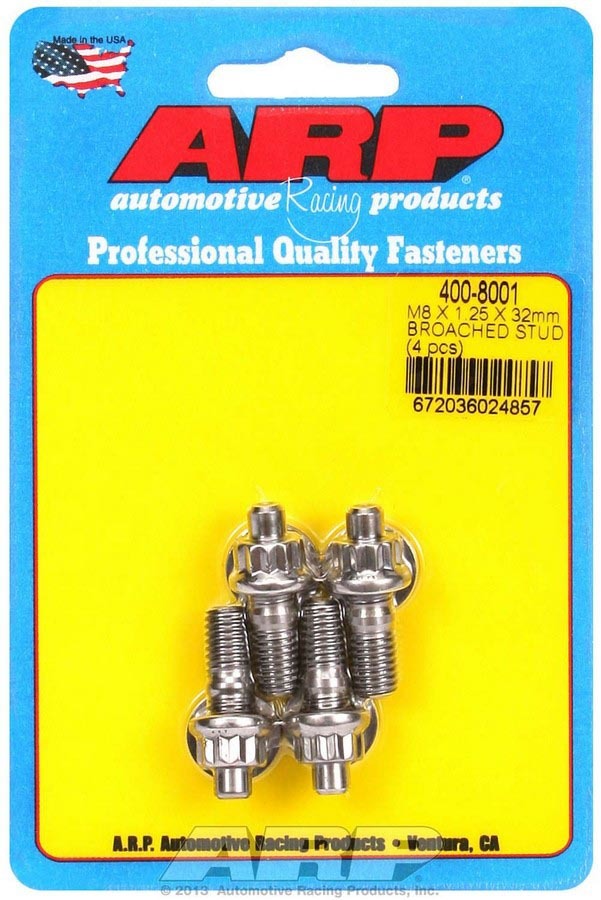 Stud - 8 mm x 1.25 Thread - 1.25 in Long - 12 Point Nuts - Stainless - Polished - Universal - Set of 4