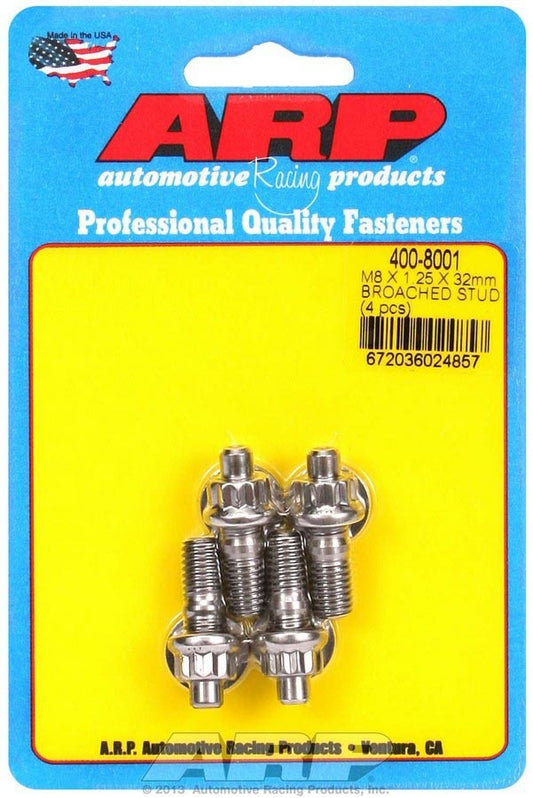 Stud - 8 mm x 1.25 Thread - 1.25 in Long - 12 Point Nuts - Stainless - Polished - Universal - Set of 4