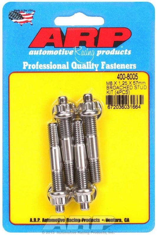 Stud - 8 mm x 1.25 Thread - 2.25 in Long - 12 Point Nuts - Stainless - Polished - Universal - Set of 4