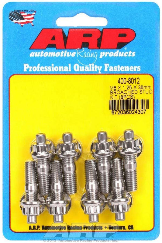 Stud - 8 mm x 1.25 Thread - 1.5 in Long - 12 Point Nuts - Stainless - Polished - Universal - Set of 8