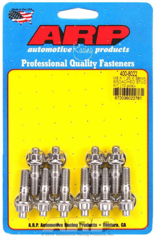 Stud - 8 mm x 1.25 Thread - 1.5 in Long - 12 Point Nuts - Stainless - Polished - Universal - Set of 10