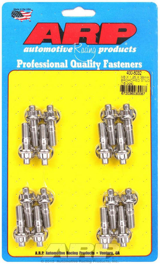 Stud - 8 mm x 1.25 Thread - 1.5 in Long - 12 Point Nuts - Stainless - Polished - Universal - Set of 16