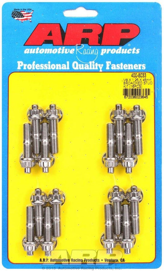 Stud - 8 mm x 1.25 Thread - 1.75 in Long - 12 Point Nuts - Stainless - Polished - Universal - Set of 16