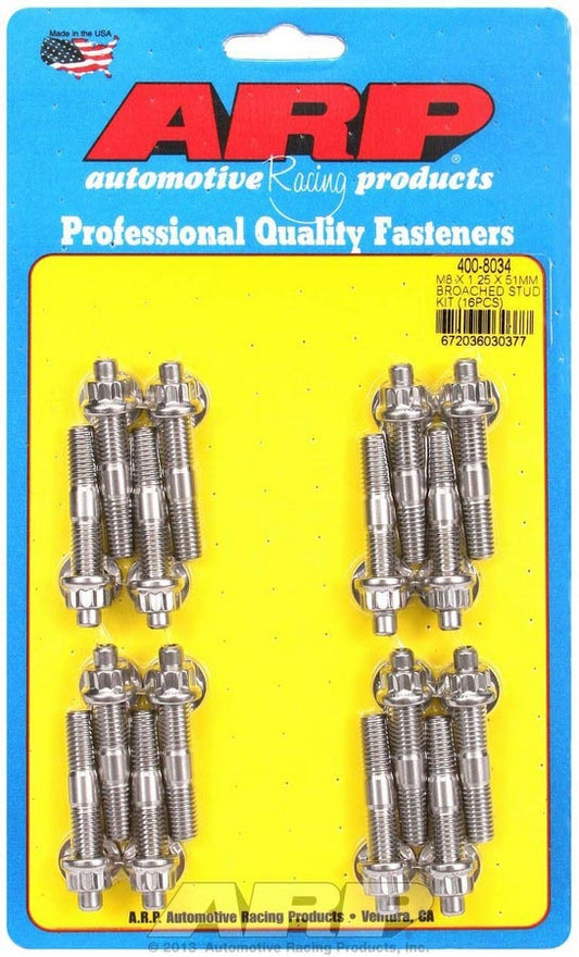 Stud - 8 mm x 1.25 Thread - 2 in Long - 12 Point Nuts - Stainless - Polished - Universal - Set of 16