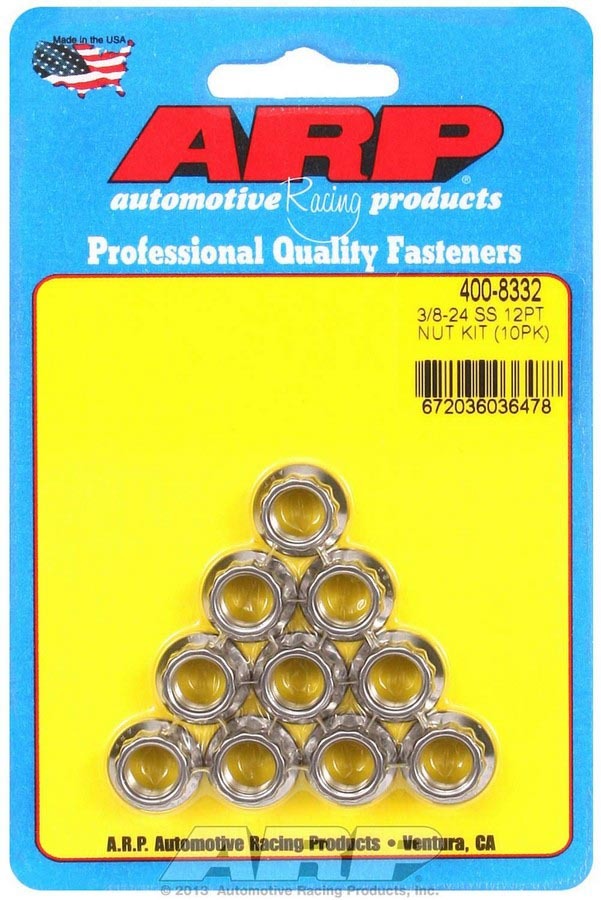 Nut - 3/8-24 in Thread - 7/16 in 12 Point Head - Stainless - Polished - Universal - Set of 10