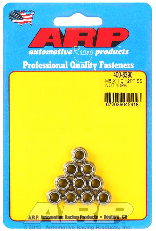 Nut - 6 mm x 1.00 Thread - 8 mm 12 Point Head - Stainless - Polished - Set of 10