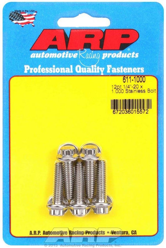 Bolt - 1/4-20 in Thread - 1 in Long - 5/16 in 12 Point Head - Stainless - Polished - Universal - Set of 5