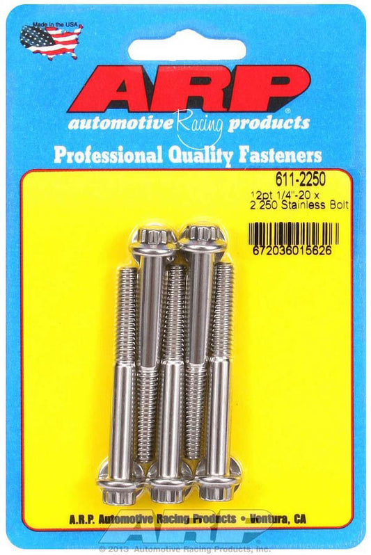 Bolt - 1/4-20 in Thread - 2.25 in Long - 5/16 in 12 Point Head - Stainless - Polished - Universal - Set of 5