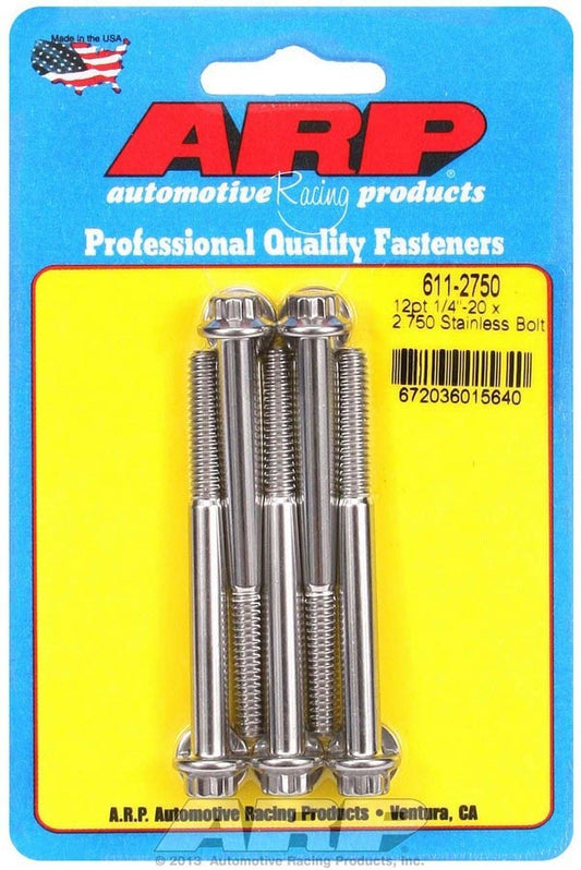 Bolt - 1/4-20 in Thread - 2.75 in Long - 5/16 in 12 Point Head - Stainless - Polished - Universal - Set of 5
