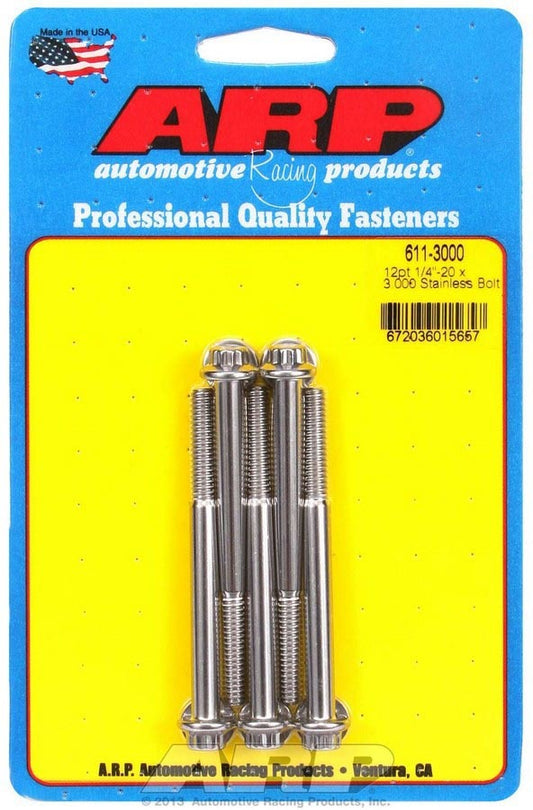 Bolt - 1/4-20 in Thread - 3 in Long - 5/16 in 12 Point Head - Stainless - Polished - Universal - Set of 5
