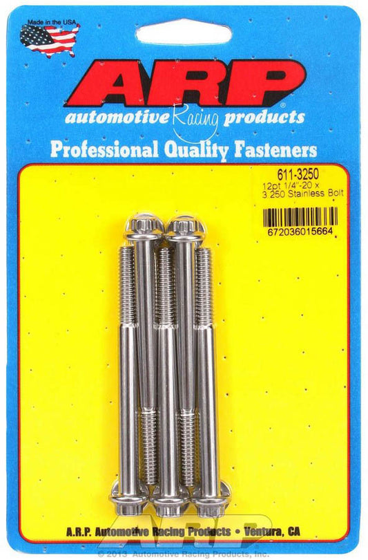 Bolt - 1/4-20 in Thread - 3.25 in Long - 5/16 in 12 Point Head - Stainless - Polished - Universal - Set of 5