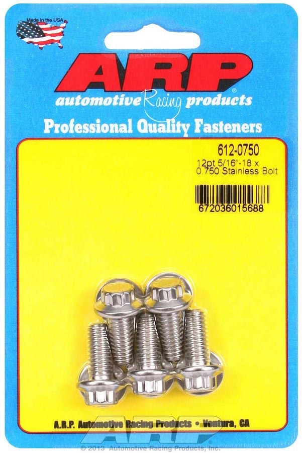 Bolt - 5/16-18 in Thread - 0.75 in Long - 3/8 in 12 Point Head - Stainless - Polished - Universal - Set of 5