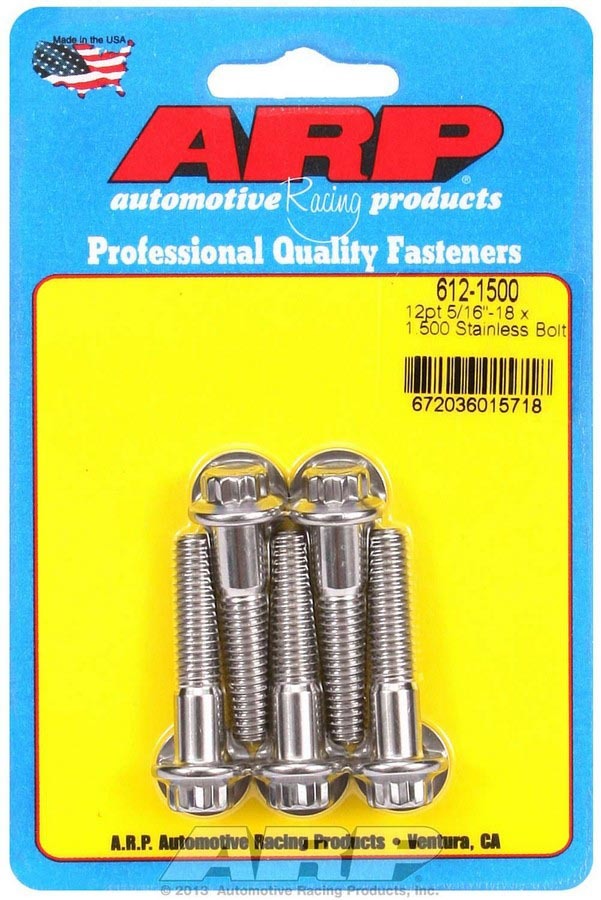 Bolt - 5/16-18 in Thread - 1.5 in Long - 3/8 in 12 Point Head - Stainless - Polished - Universal - Set of 5