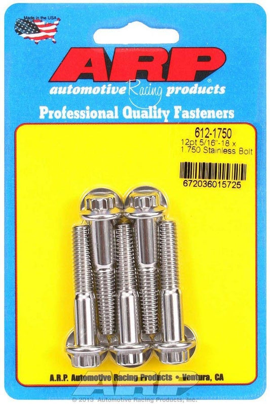 Bolt - 5/16-18 in Thread - 1.75 in Long - 3/8 in 12 Point Head - Stainless - Polished - Universal - Set of 5