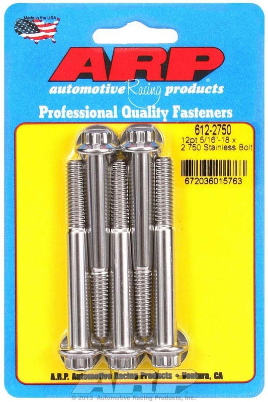 Bolt - 5/16-18 in Thread - 2.75 in Long - 3/8 in 12 Point Head - Stainless - Polished - Universal - Set of 5