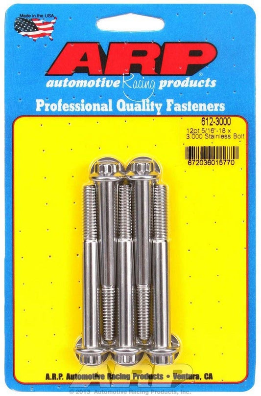 Bolt - 5/16-18 in Thread - 3 in Long - 3/8 in 12 Point Head - Stainless - Polished - Universal - Set of 5
