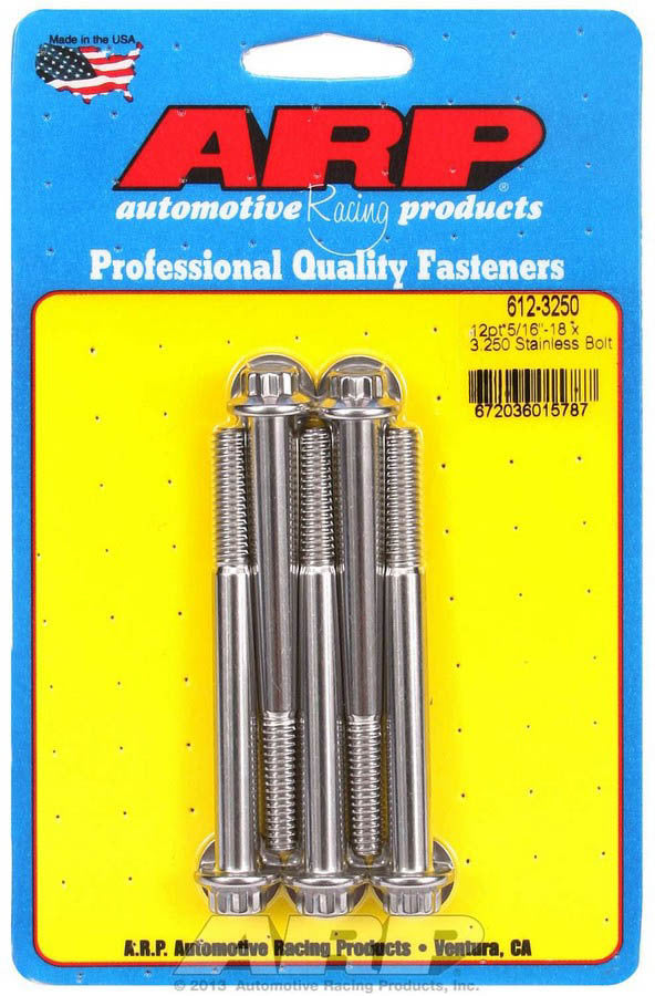 Bolt - 5/16-18 in Thread - 3.25 in Long - 3/8 in 12 Point Head - Stainless - Polished - Universal - Set of 5