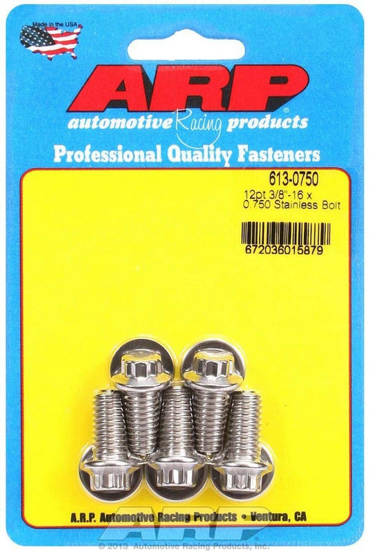 Bolt - 3/8-16 in Thread - 0.75 in Long - 3/8 in 12 Point Head - Stainless - Polished - Universal - Set of 5