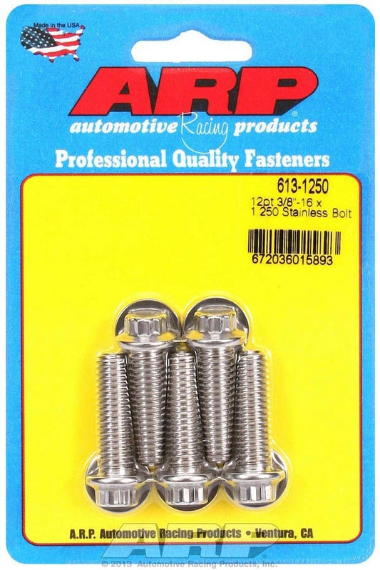 Bolt - 3/8-16 in Thread - 1.25 in Long - 3/8 in 12 Point Head - Stainless - Polished - Universal - Set of 5