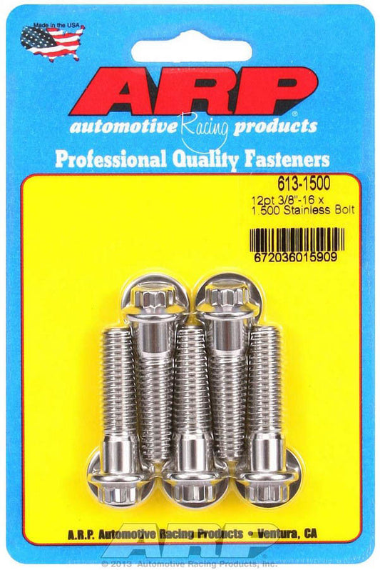 Bolt - 3/8-16 in Thread - 1.5 in Long - 3/8 in 12 Point Head - Stainless - Polished - Universal - Set of 5