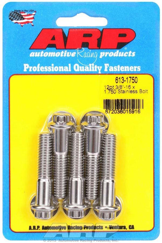 Bolt - 3/8-16 in Thread - 1.75 in Long - 3/8 in 12 Point Head - Stainless - Polished - Universal - Set of 5