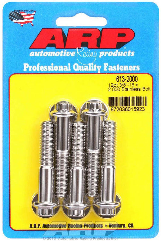 Bolt - 3/8-16 in Thread - 2 in Long - 3/8 in 12 Point Head - Stainless - Polished - Universal - Set of 5