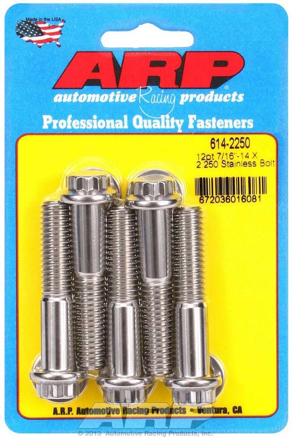 Bolt - 7/16-14 in Thread - 2.25 in Long - 1/2 in 12 Point Head - Stainless - Polished - Universal - Set of 5