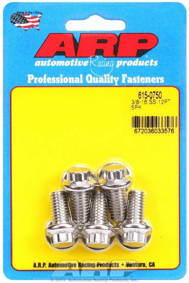 Bolt - 3/8-16 in Thread - 0.75 in Long - 7/16 in 12 Point Head - Stainless - Polished - Universal - Set of 5