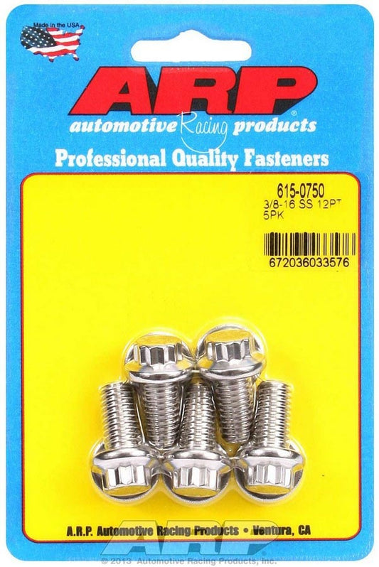 Bolt - 3/8-16 in Thread - 0.75 in Long - 7/16 in 12 Point Head - Stainless - Polished - Universal - Set of 5