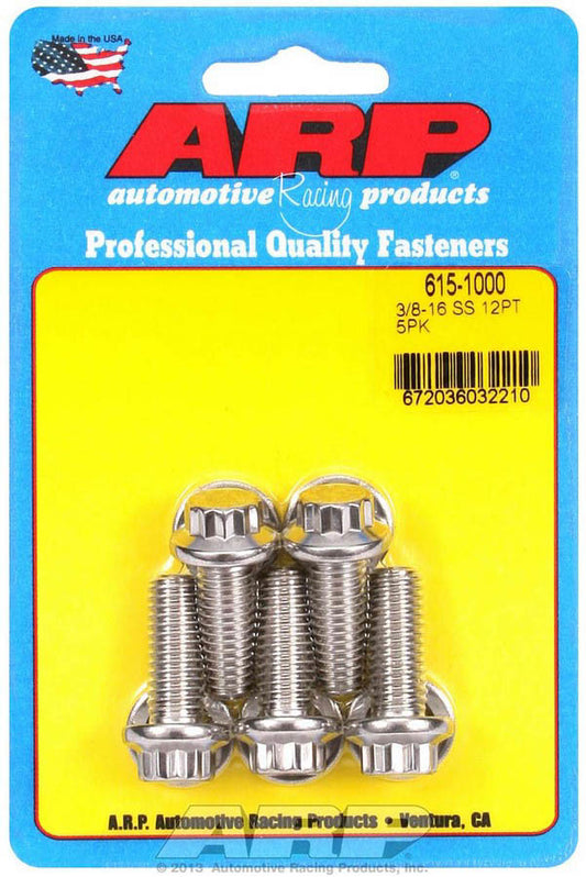 Bolt - 3/8-16 in Thread - 1 in Long - 7/16 in 12 Point Head - Stainless - Polished - Universal - Set of 5