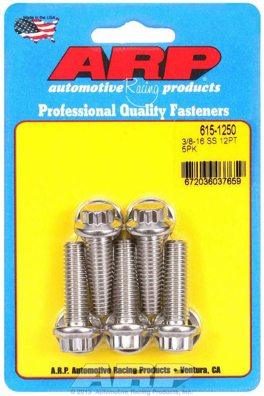 Bolt - 3/8-16 in Thread - 1.25 in Long - 7/16 in 12 Point Head - Stainless - Polished - Universal - Set of 5