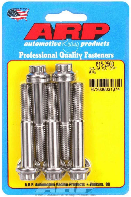 Bolt - 3/8-16 in Thread - 2.5 in Long - 7/16 in 12 Point Head - Stainless - Polished - Universal - Set of 5