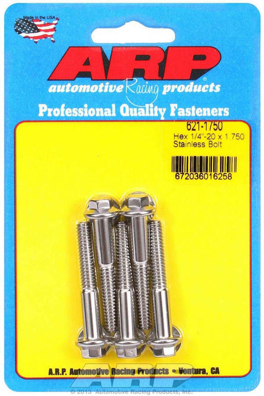 Bolt - 1/4-20 in Thread - 1.75 in Long - 5/16 in Hex Head - Stainless - Polished - Universal - Set of 5