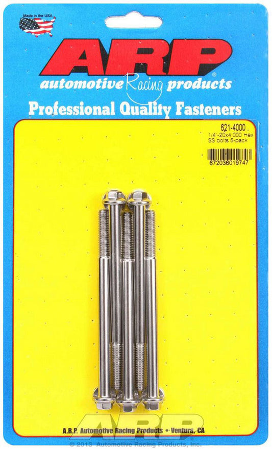 Bolt - 1/4-20 in Thread - 4 in Long - 5/16 in Hex Head - Stainless - Polished - Universal - Set of 5